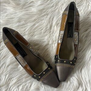 Vintage J Renee patchwork heels gray and tan gemstone